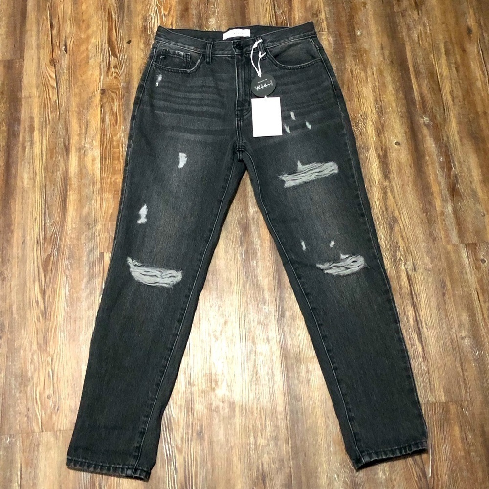 Kancan Jeans Women's 27 Black Distressed High Rise Boyfriend Fit Denim Nwt